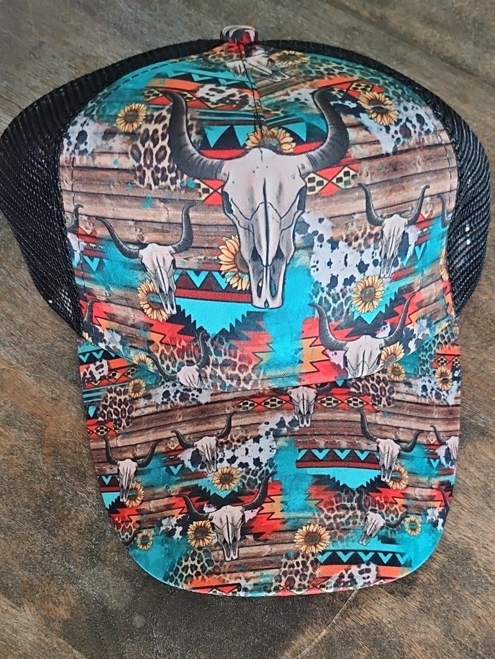 NWT Western Print Pony Tail Baseball Trucker Hat With Black Mesh